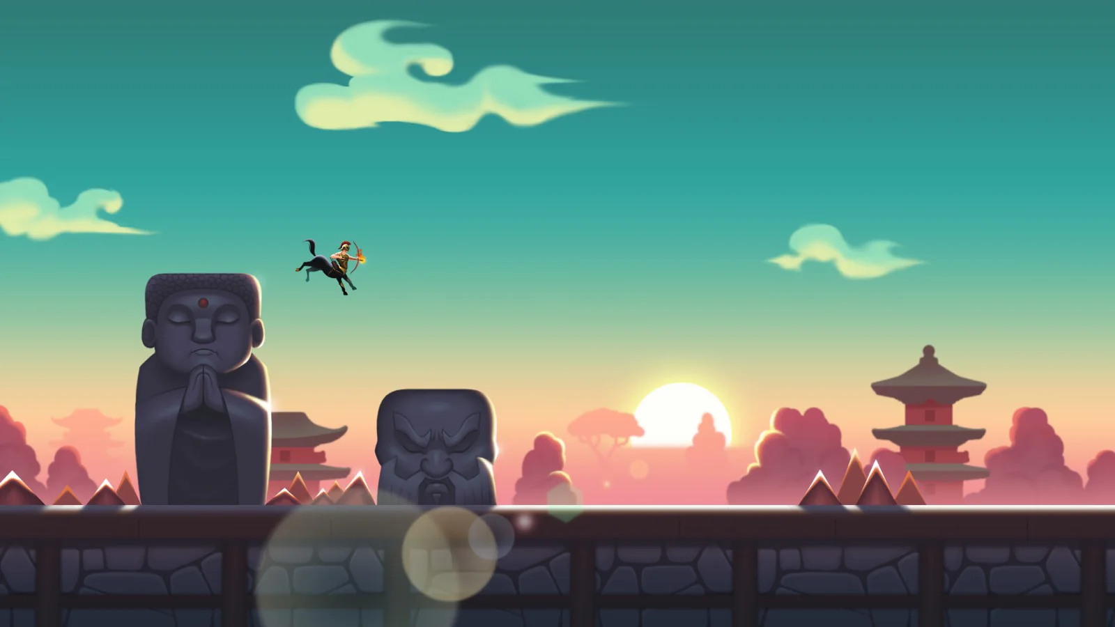 Bronze Hoof sunset stage with pagodas