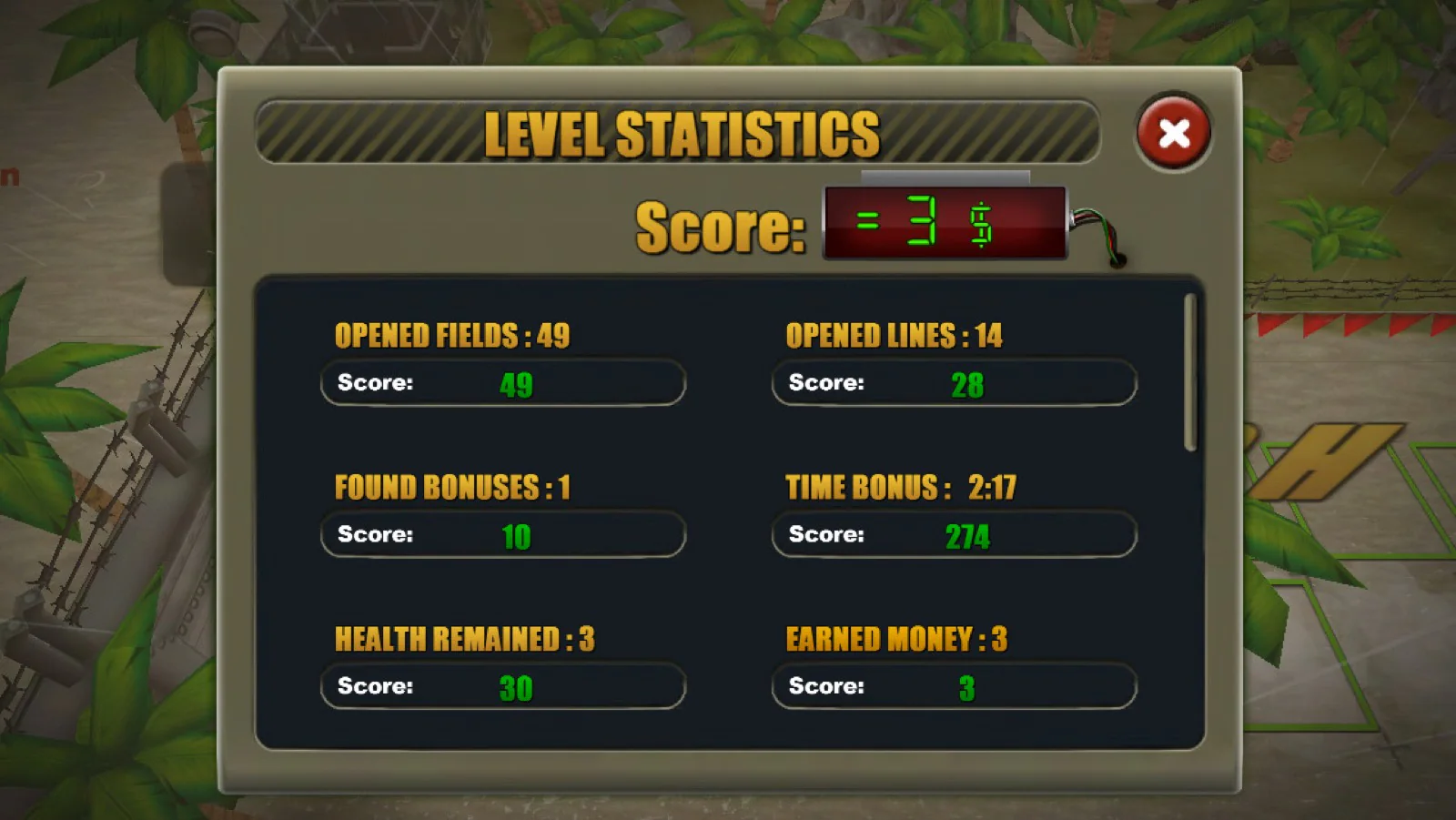 Crazy Sapper 3D end of level statistics