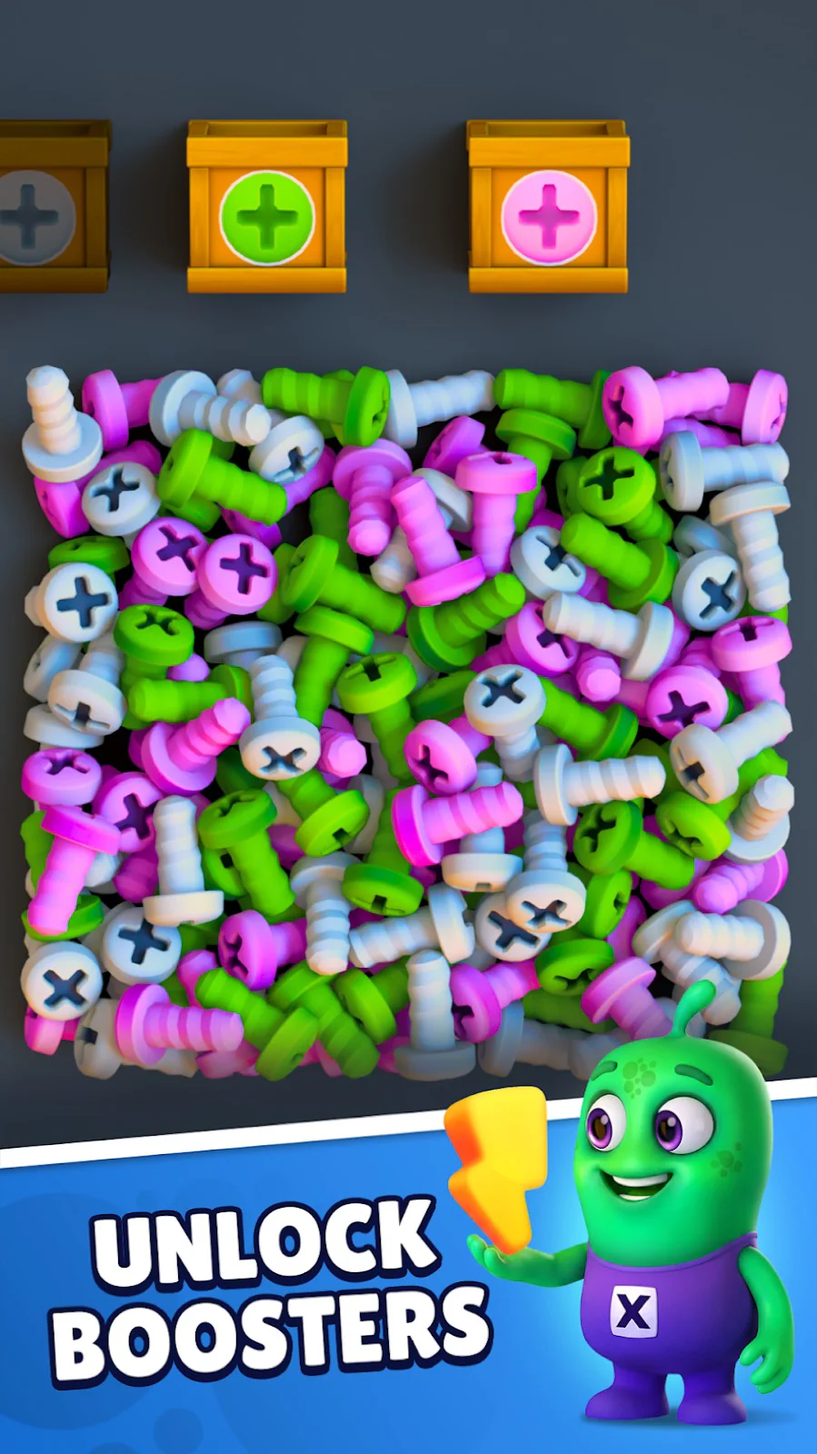 Sorting colorful screws in Box Jam